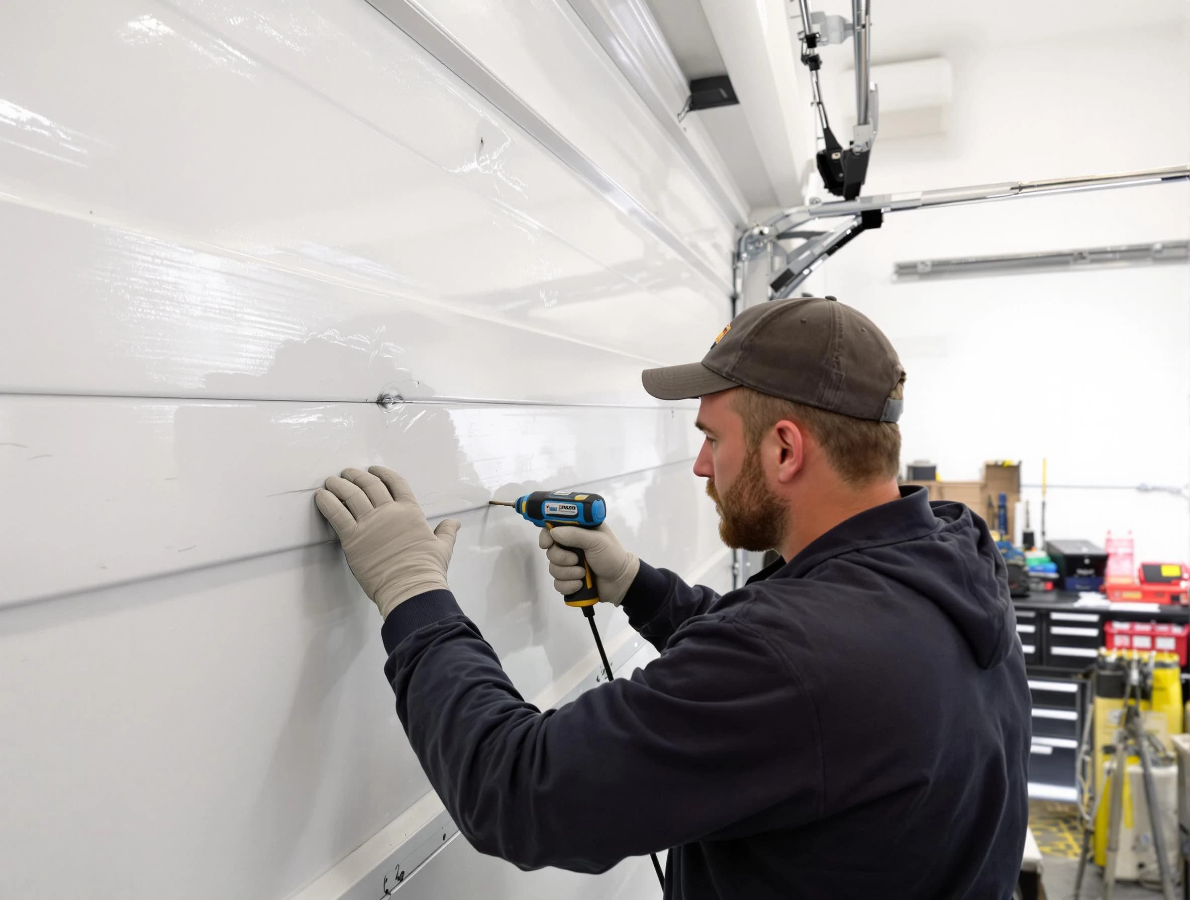 Edgewood Garage Door Repair technician demonstrating precision dent removal techniques on a Edgewood garage door
