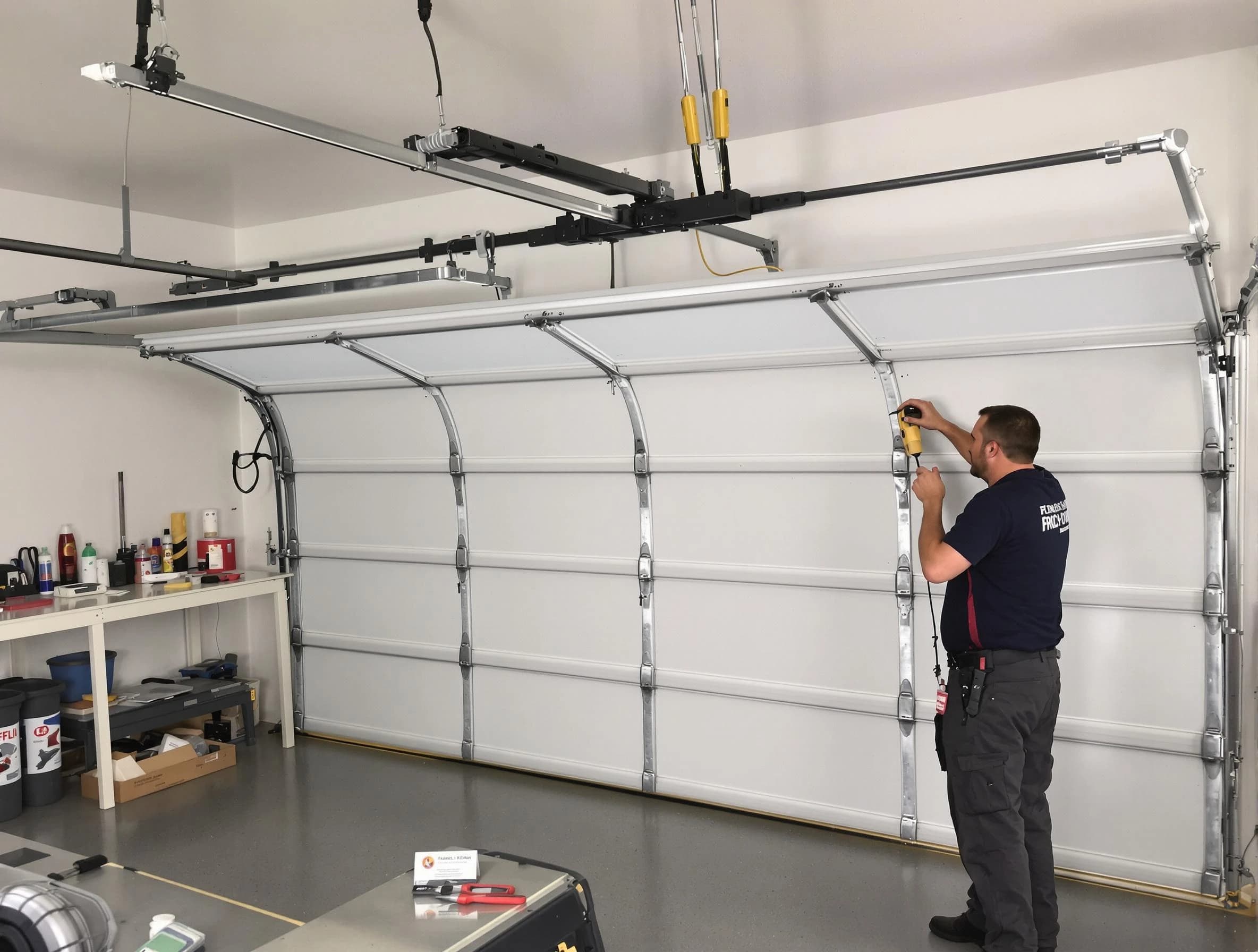 Edgewood Garage Door Repair certified technician performing overhead door system repair in Edgewood