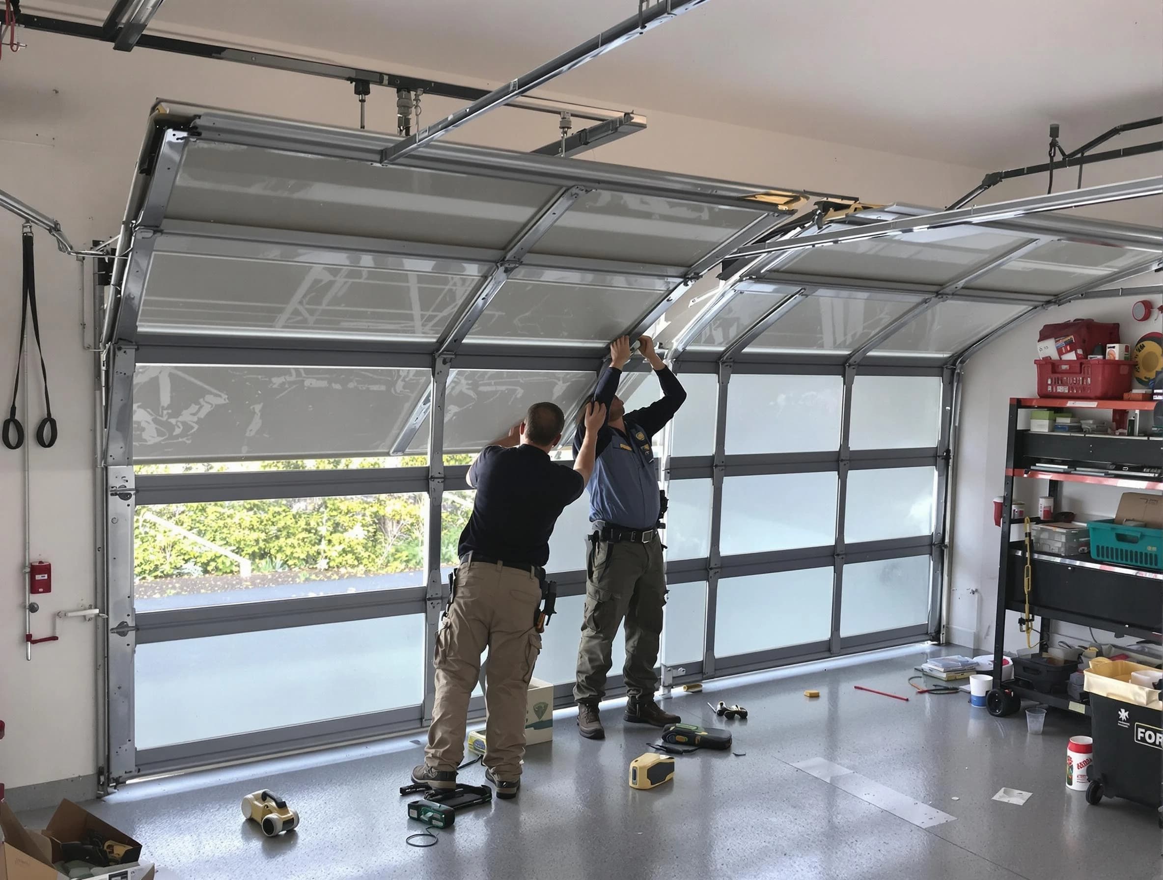 Edgewood Garage Door Repair expert performing precise panel replacement on Edgewood garage door